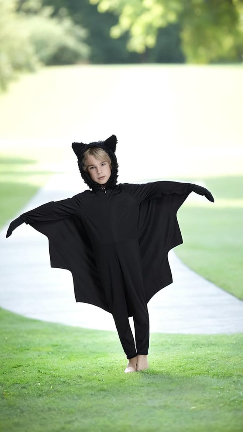 Sweet seven Bat Costume for Kids - Halloween Vampire Bat Hoodie Jumpsuit with Gloves, Cosplay Party Bodysuit Role Play M Size is Suitable for 78 Years Old, 115125cm