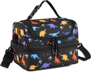 VASCHY Lunch Box Bag Men, Insulated Two Compartments Bento Cooler Bags for Adults/Women/Kids for School,Daycare,Kindergarten,Picnic Black - Black Dinos