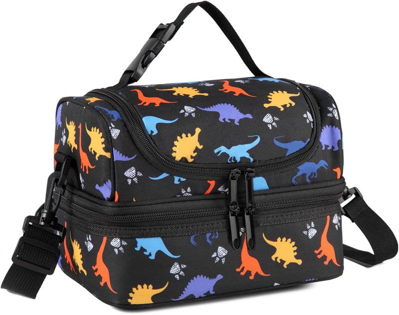 VASCHY Lunch Box Bag Men, Insulated Two Compartments Bento Cooler Bags for Adults/Women/Kids for School,Daycare,Kindergarten,Picnic Black - Black Dinos