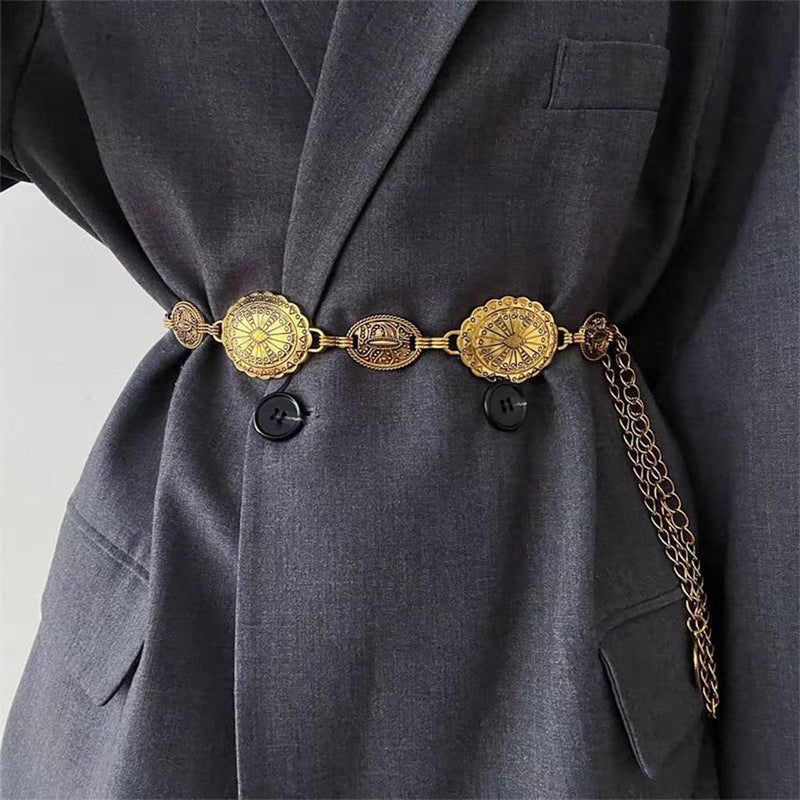 Golden Metal Waist Chain for Women, Concho Hip Saree Waist Belt, Adjustable Boho Western Fashion Belt Women Chain Belts for Dresses, Jeans, Skirts