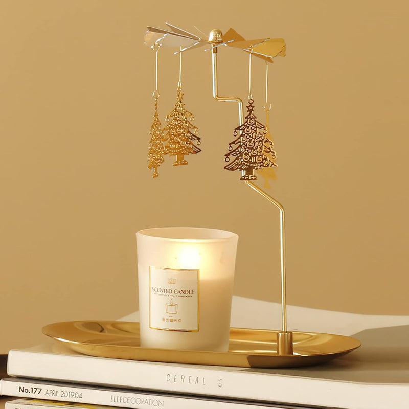 Creahaus Rotating Candle Holder with Tray, Gold Candle Spining Metal Holder for Christmas, Valentine's Day, Party Table Decor, Gift (Gold Carousel)