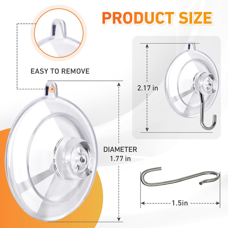 KORCCI Suction Cup Hooks 12Pack - Max Load 10LB, 1.77Inch Clear Small Suction Cups, No Trace, Reusable & Removable Suction Cup with Stainless Steel Hooks, for Tile Glass Window Shower Kitchen Bathroom - 12pc-Medium Size