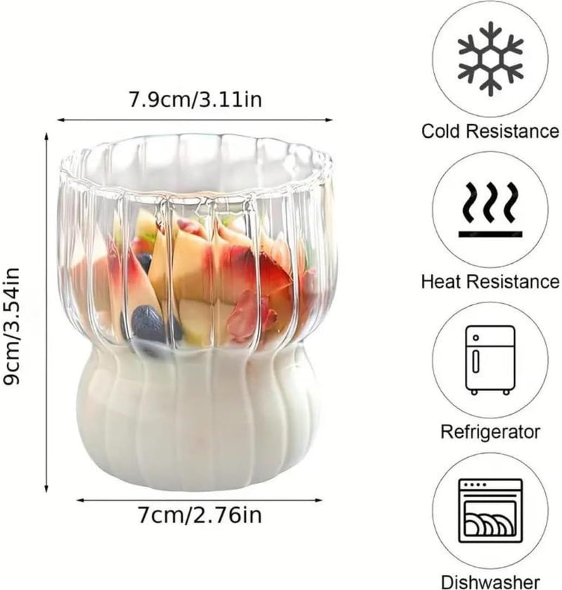 1CHASE Ribbed Drinking Glasses with Straws 320 ML (Set of 4), Ripple Borosilicate Glassware, Mixed Drinkware Sets, Drinking Glasses for Juice, Beer, Iced Coffee, Tea and Cocktails (11 oz)