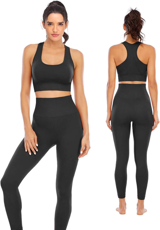 Workout Sets for Women 2 Piece High Waisted Seamless Leggings with Padded Sports Bra Sets - Black