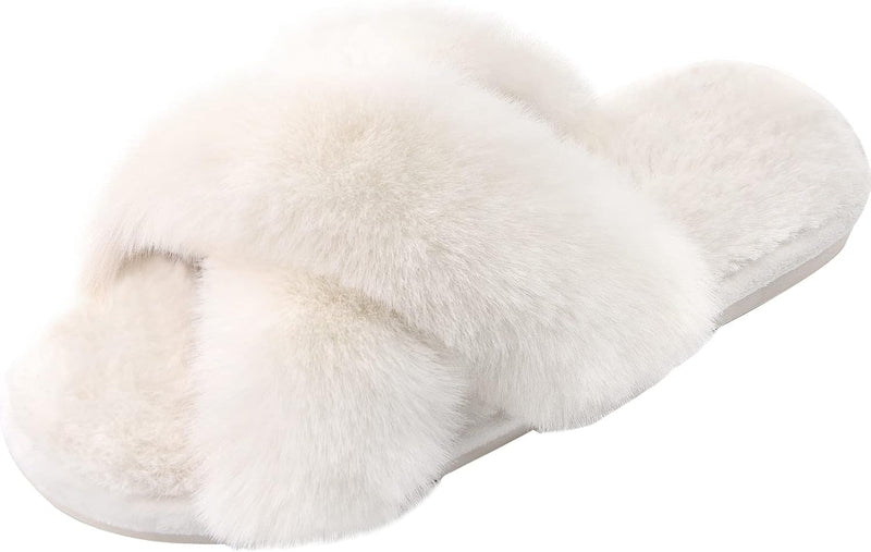 Women's Cross Band Slippers Soft Plush Furry Cozy Open Toe House Shoes Indoor Outdoor Faux Rabbit Fur Warm Comfy Slip On Breathable
