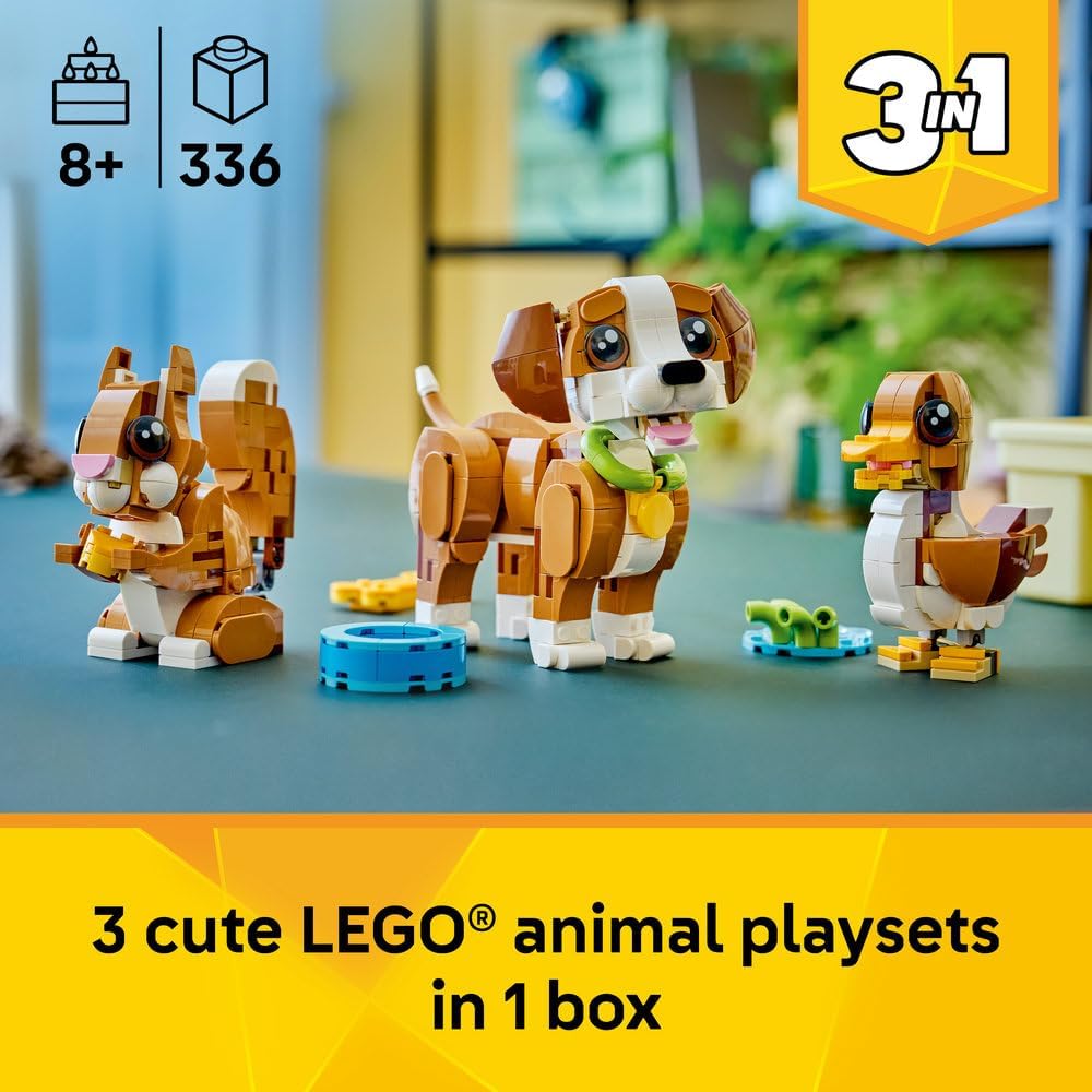 Creator 3in1 Cute Animals: Playful Puppy Dog 31382 Puppy to Squirrel to Duck, Pet Animal Figure, Building Toy, Gift for 8+ Year Old Boys & Girls, 336 Pieces