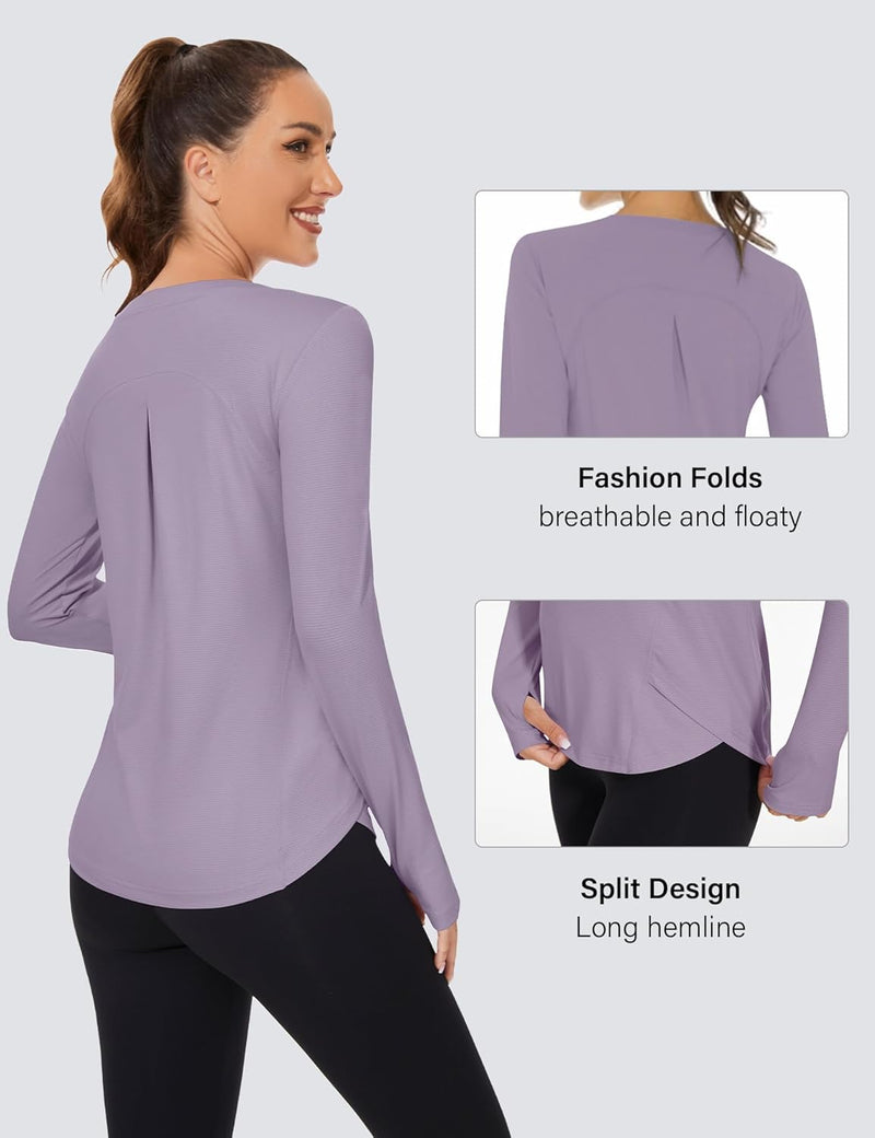 Rapbin Women's UPF 50+ Sun Protection T-Shirts Long Sleeve Boat Neck Workout Lightweight Quick Dry Top with Thumb Hole