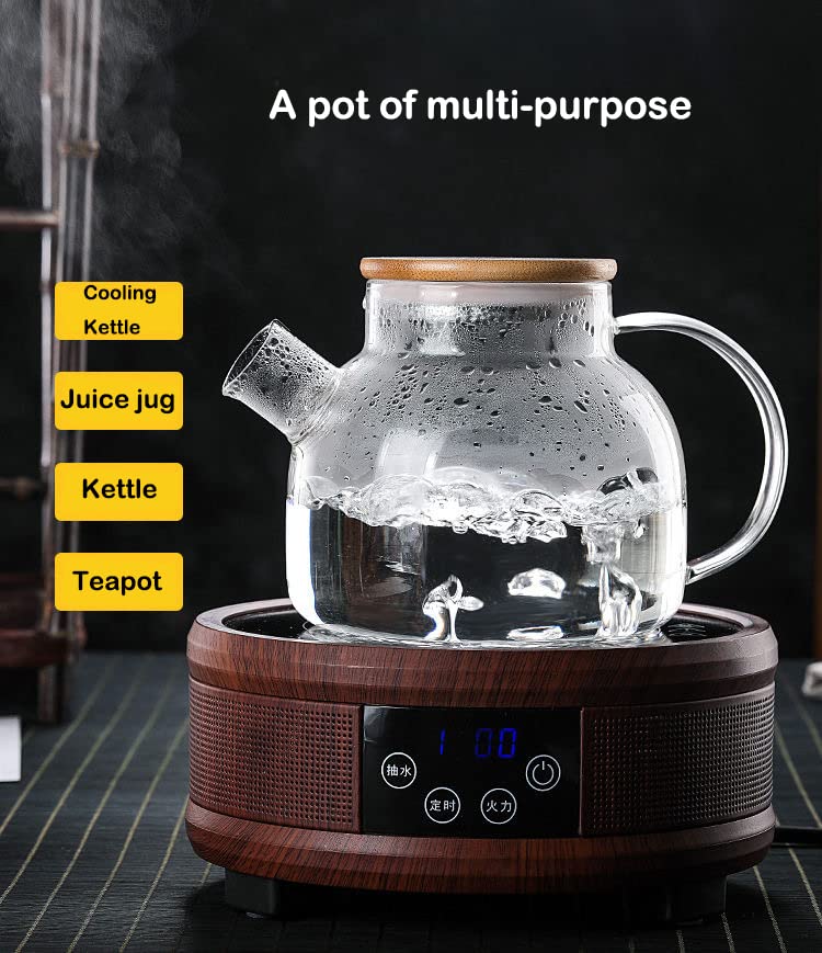 Tea Kettle,Heat-Resistant Glass Tea Pot,Borosilicate Glass Tea Maker with Bamboo Lid,1.6L Stovetop Safe Glass Teapot for Loose Leaf and Blooming Tea (Clear-1.6L)