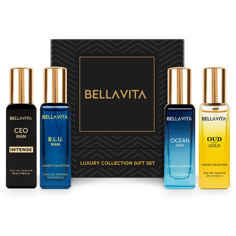 BellaVita Luxury Perfume Gift Set for Men | Includes OUD Gold, Ocean, B.L.U, & CEO Man Perfume | Long-Lasting Cologne Fragrance | Oud Perfume for Men | Premium Collection Perfumes ??4 x 20ml