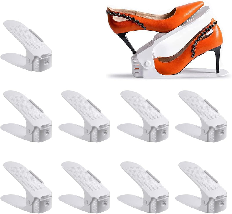 Set Of 9Pcs Shoe Slots Stacker Storage Shoe Rack Organizer for Closet Adjustable Double Layer Shoe Slot Holder, Plastic Shoe Stacking Organizer for Wardrobe Cabinet Space Saving Storage - Grayish white