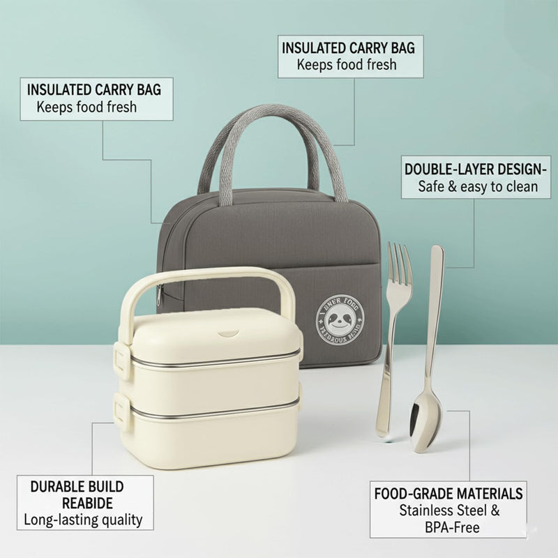 Stainless Steel Lunch Box - 1400ml 2 -Layer Bento Box with Insulated Bag, Spoon & Fork, Leakproof, BPA-Free, Dishwasher Safe - Ideal for Kids & Adults, Office, School, Travel (Cream White)