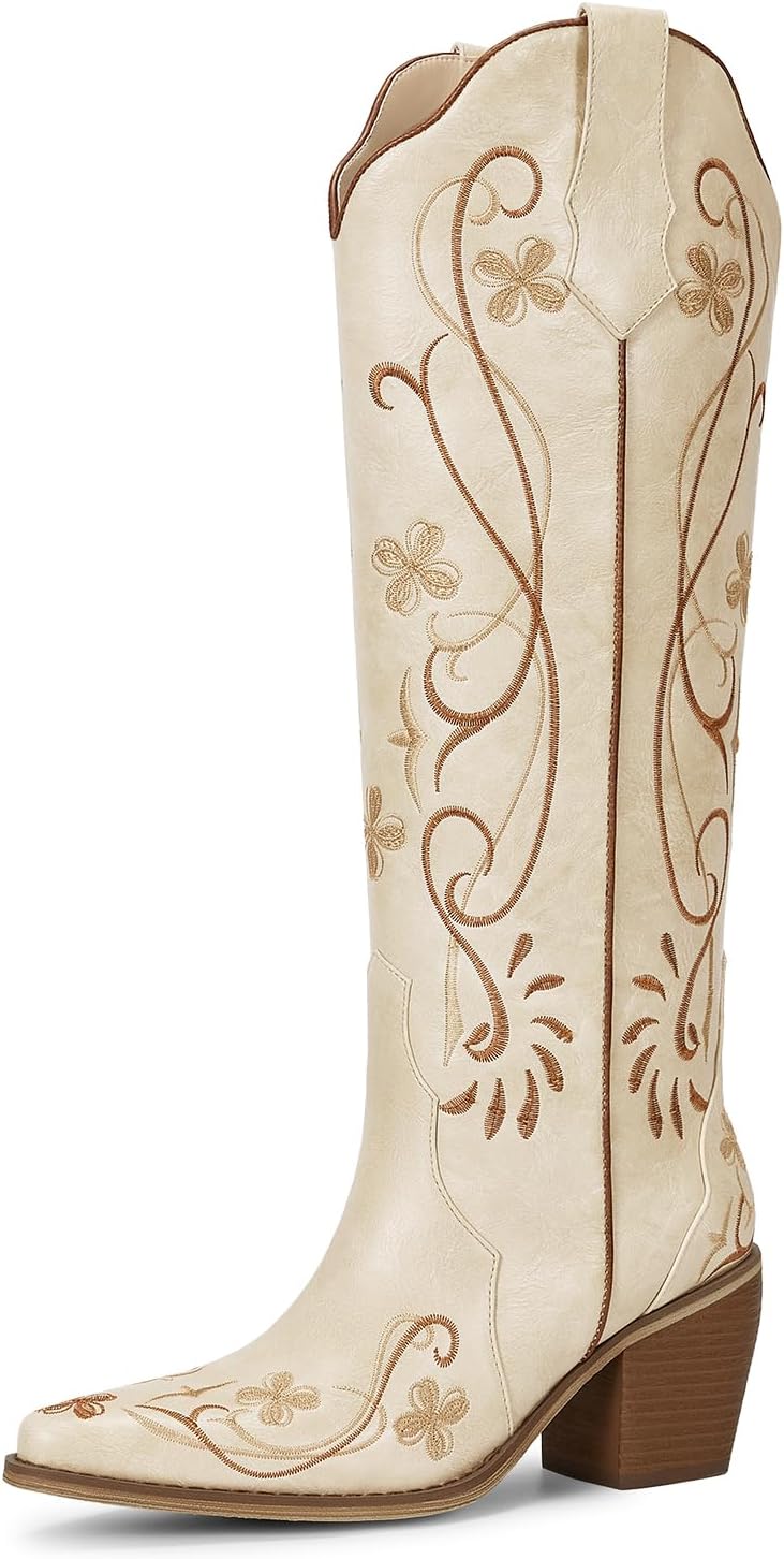 Platform Boots for Women, Heeled Combat Boots Chunky Heel Booties Round Toe Lace Up High Heel Ankle Boots - Misty Cloud White Floral