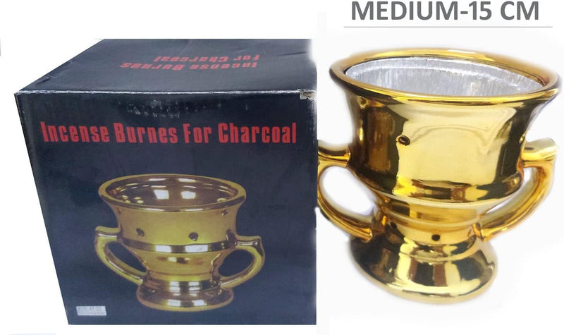 Saqoware Ceramic Incense Burner - Bakhoor Burner Mubkhara Frankincense Insence Burner - Ideal for Yoga, Spa & Aromatherapy (Gold Medium))