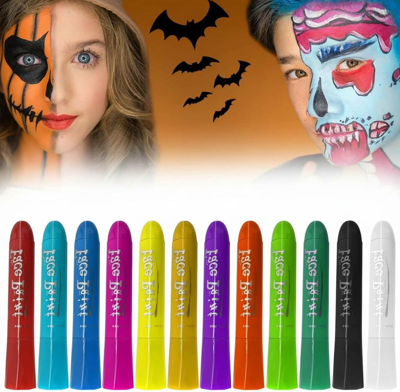 KASTWAVE Face Paint Crayons, 12 Colors Face Paints for Children Halloween Make Up Set, Washable Make Up Set Body Painting for Boys Girls, Non-Toxic, Party Cosplay Face Paint Crayons for Ages 3+