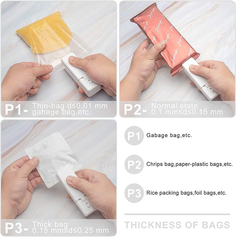 KASTWAVE Mini Bag Sealer, 2 in 1 Portable Rechargeable Handheld Vacuum Heat Sealer and Cutter for Chip Bags Plastic Bags Snack Storage Cookies Freshness Kitchen Food, White