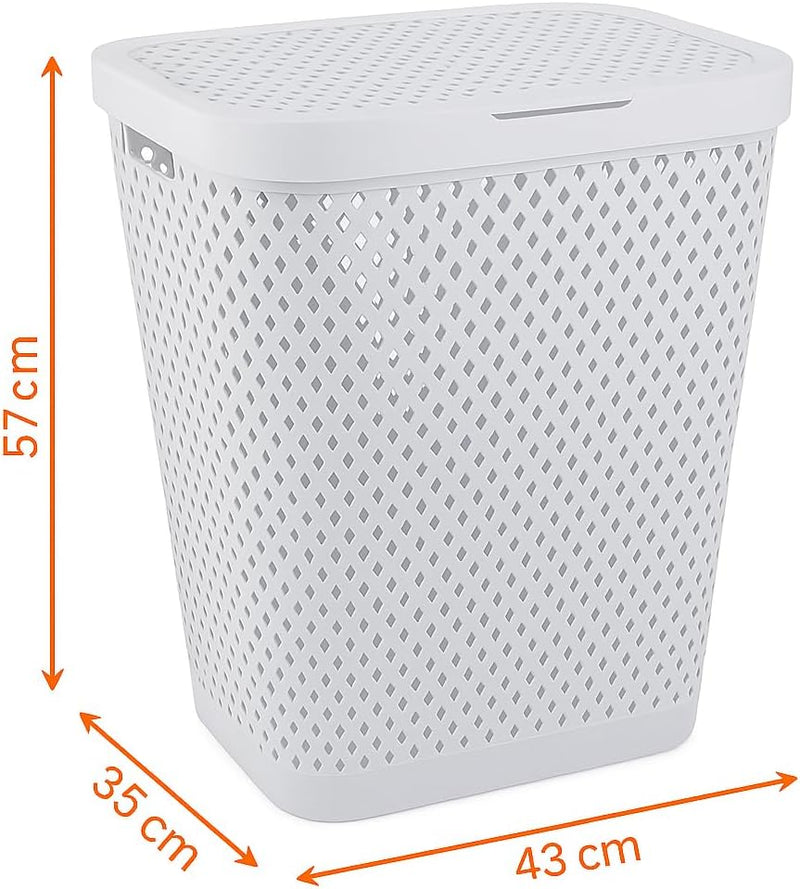 Premium Plastic Laundry Basket with Lid 55 Litre Durable & Ventilated Clothes Hamper for Laundry Storage Large Capacity, Lightweight & Easy to Carry Random Colors (White or Grey)