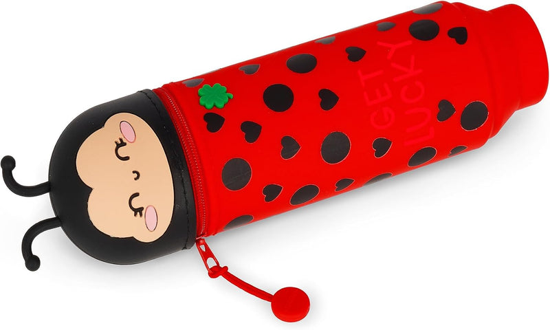 Legami - Kawaii School Pencil Case 2 in 1 Soft Silicone, Ladybug Theme, Table Pen Holder, Zipper Closure, Pastel Pens Marker, H 21.5 cm