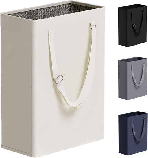 TECHMILLY Slim Laundry Hamper with Adjustable Long Handles, 45L Small Laundry Baskets with Mesh Top, Narrow Dirty Clothes Hamper for Bedroom, Closet, and Bathroom - Beige - 45L US Beige