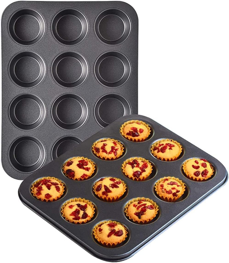 Cake Bakeware Mould, Carbon Steel Muffin Pan, 12 Cavity Bakeware Non-Stick Cake Baking Pan, Mini Pie Pans, Carbon Steel Muffin Tray, Standard Baking Pan Mold for Oven Baking - BLACK 12 cavity, Standard
