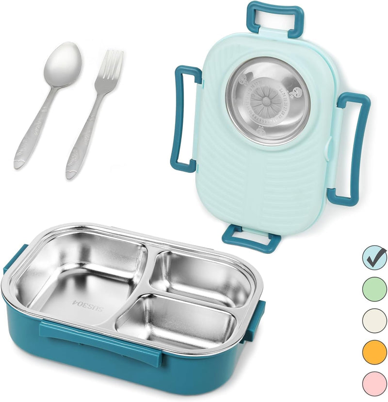 YelaJoy Stainless Steel Bento Lunch Box for Kids and Adults,Stackable BPA-Free Food Containers with 3 Compartments and Reusable Sauce Bowl, Fork and Spoon,1000ml/34oz (Blue) - Blue