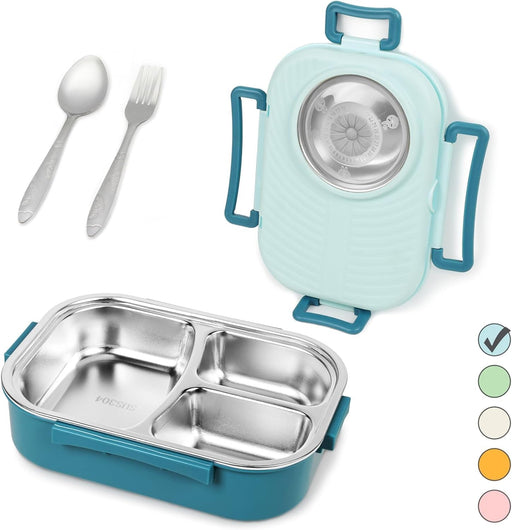 YelaJoy Stainless Steel Bento Lunch Box for Kids and Adults,Stackable BPA-Free Food Containers with 3 Compartments and Reusable Sauce Bowl, Fork and Spoon,1000ml/34oz (Blue) - Blue