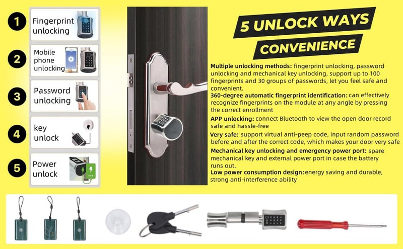 Keyless Entry Smart Door Lockwith Password 3 Pcs RFID Cards, Emergency Interface, Stainless Steel Keyless Entry Door Lock, Brass Low Consumption Smart Cylinder Lock for Wooden Iron Security Door