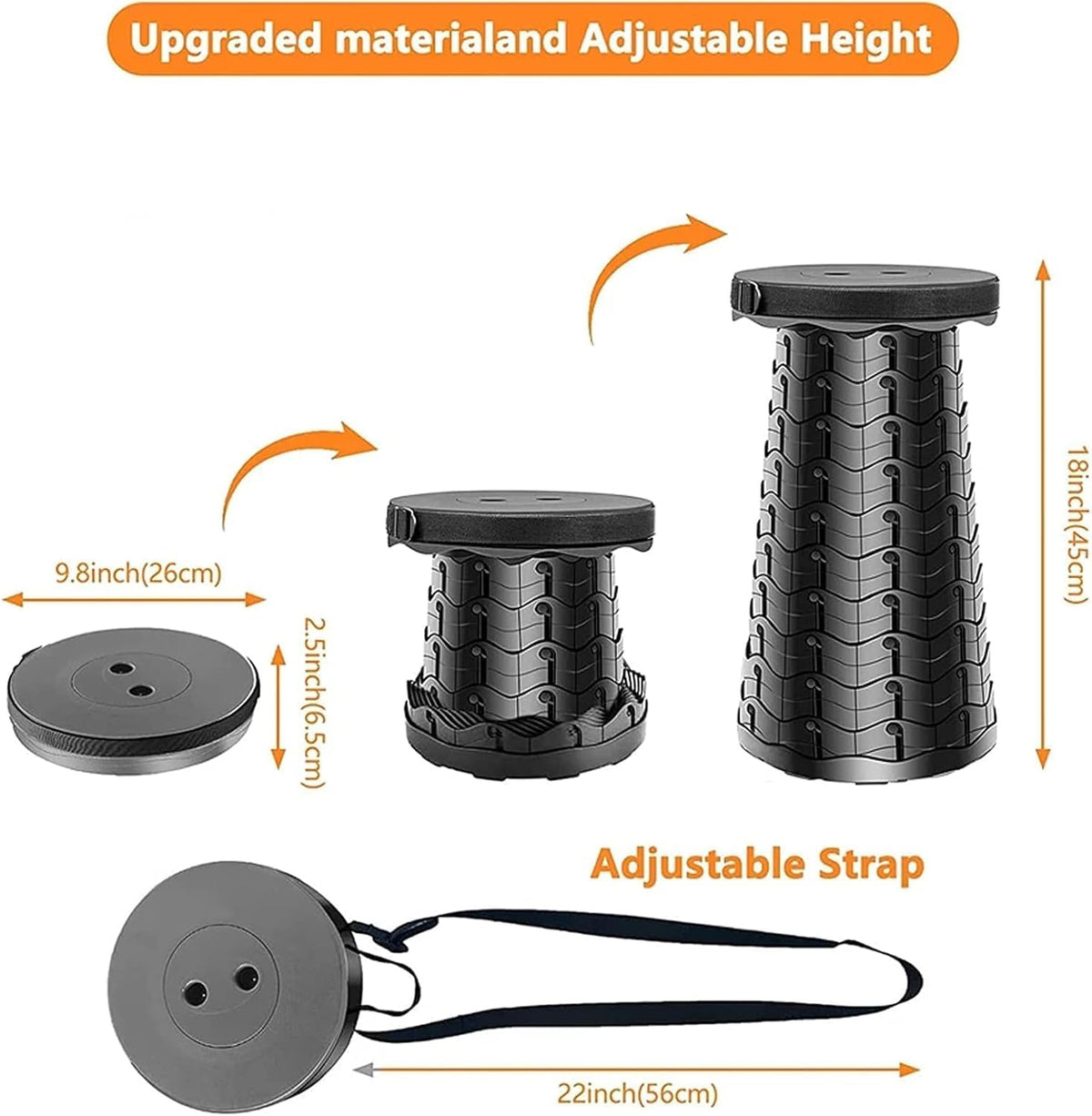 SKY-TOUCH Portable Telescopic folding Camping Stool,Load 400lbs, Retractable Adjustable Height Collapsible Stool, Lightweight Plastic Stool Indoor Outdoors Camping Hiking Travel BBQ Fishing (Black) – image 2