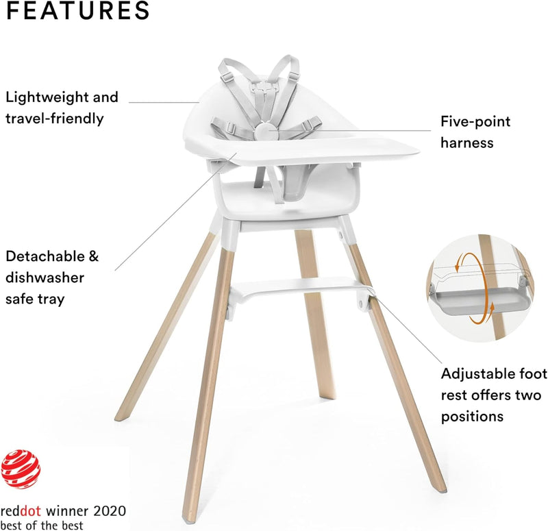 Stokke Clikk High Chair, Fjord Blue - All-in-One High Chair with Tray + Harness - Light, Durable & Travel Friendly - Ergonomic with Adjustable Features - Best for 6-36 Months or Up to 33 lbs