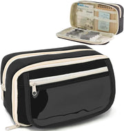 HANNEA Pencil Case, Large Capacity Pencil Pouch, 3 Compartments Pencil Bag, Students Stationery Organizer Pouch for School Office Supplies, Black