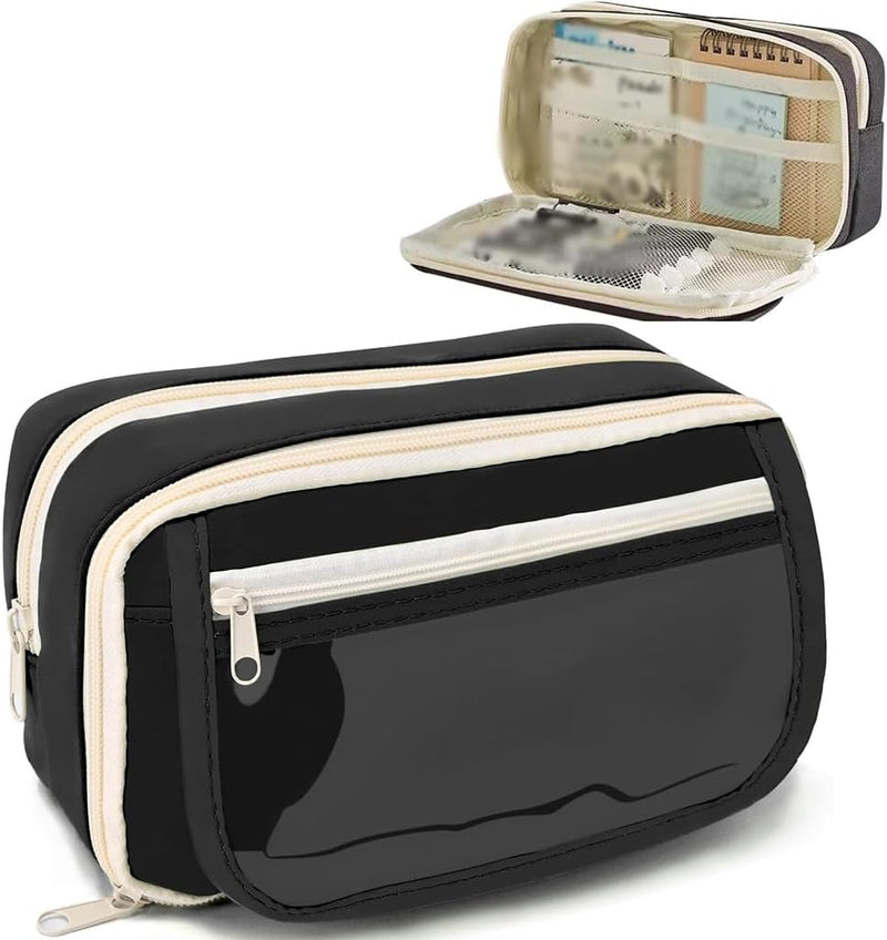 HANNEA Pencil Case, Large Capacity Pencil Pouch, 3 Compartments Pencil Bag, Students Stationery Organizer Pouch for School Office Supplies, Black