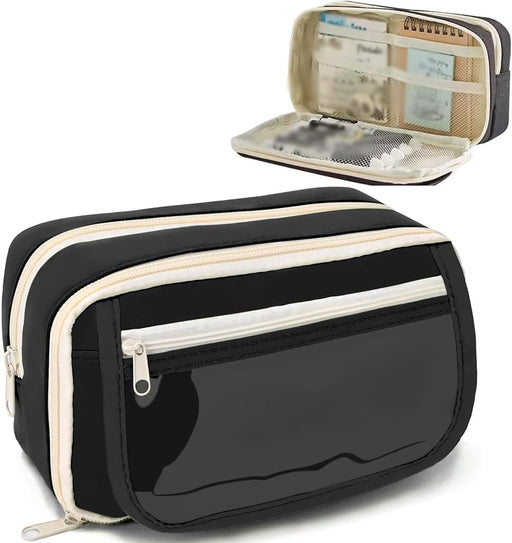 HANNEA Pencil Case, Large Capacity Pencil Pouch, 3 Compartments Pencil Bag, Students Stationery Organizer Pouch for School Office Supplies, Black