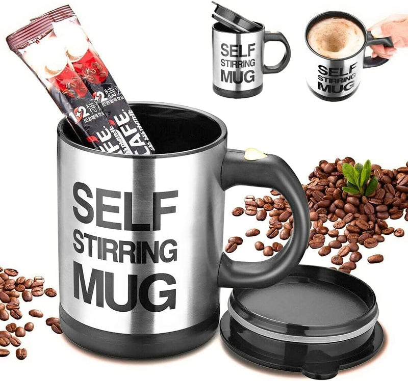 Self Stirring Mug- Reusable Auto Mixing Cup with Travel Lid for Protein Mix, Bulletproof Coffee, Chocolate Milk, Hot Cocoa (GREEN)