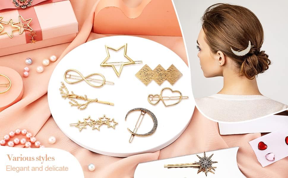 ChicAbode 9 Pcs Hair Barrettes, Minimalist Gold Hair Clips, Elegant Hair Accessories for Girl, Rhinestone Pearl Moon Star Pearl Hair Clip, for Party, Wedding, Daily Wearing, 9 Different Shapes