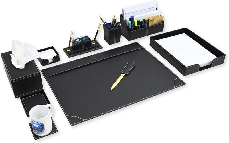FIS Executive Desk Set with Italian PU Materials, Set of 9 Pieces Desk Set Organizer, Black Color, Pack in Gift Box-FSDS172BK