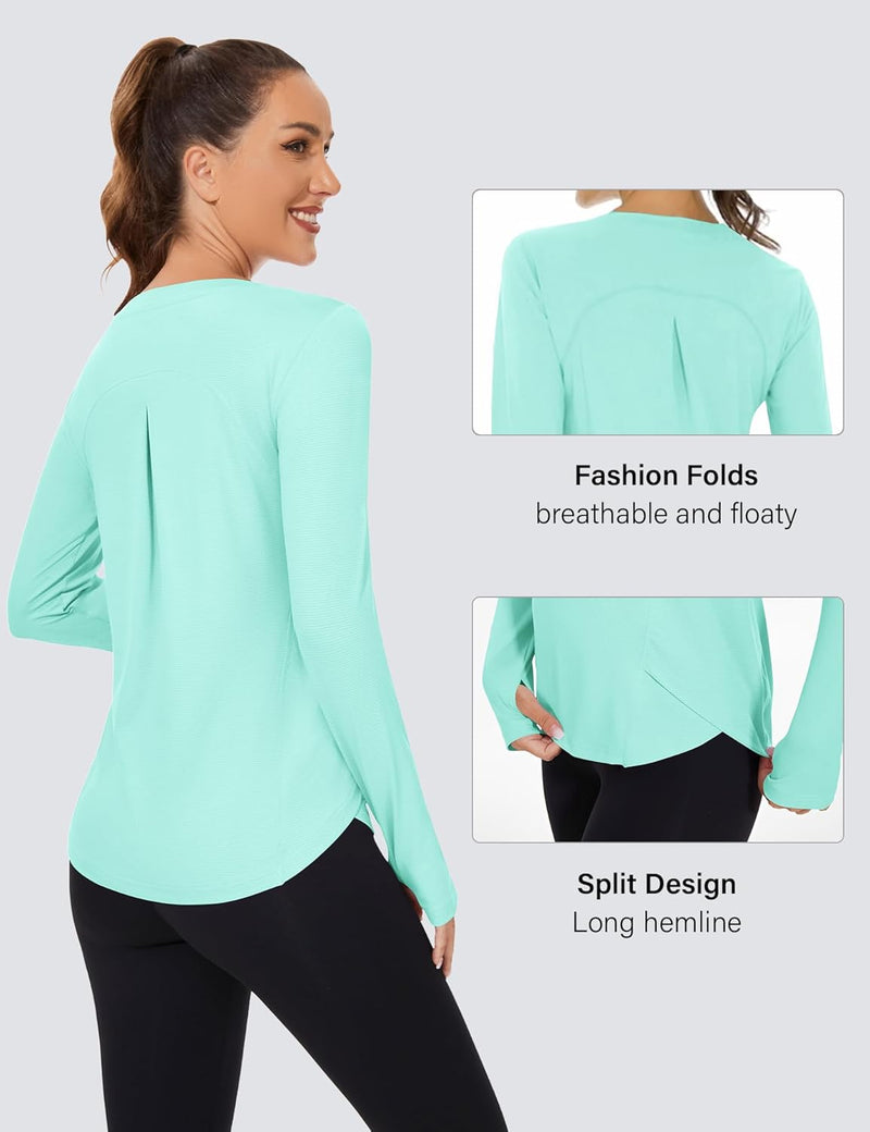 Rapbin Women's UPF 50+ Sun Protection T-Shirts Long Sleeve Boat Neck Workout Lightweight Quick Dry Top with Thumb Hole