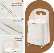 4-Wheel Checked Luggage with Seat for Kids, Travel Suitcase with Adjustable Handle and Hard Shell, Ride-On Suitcase with Child Seat Design for Family Travel, 22 Inch, White