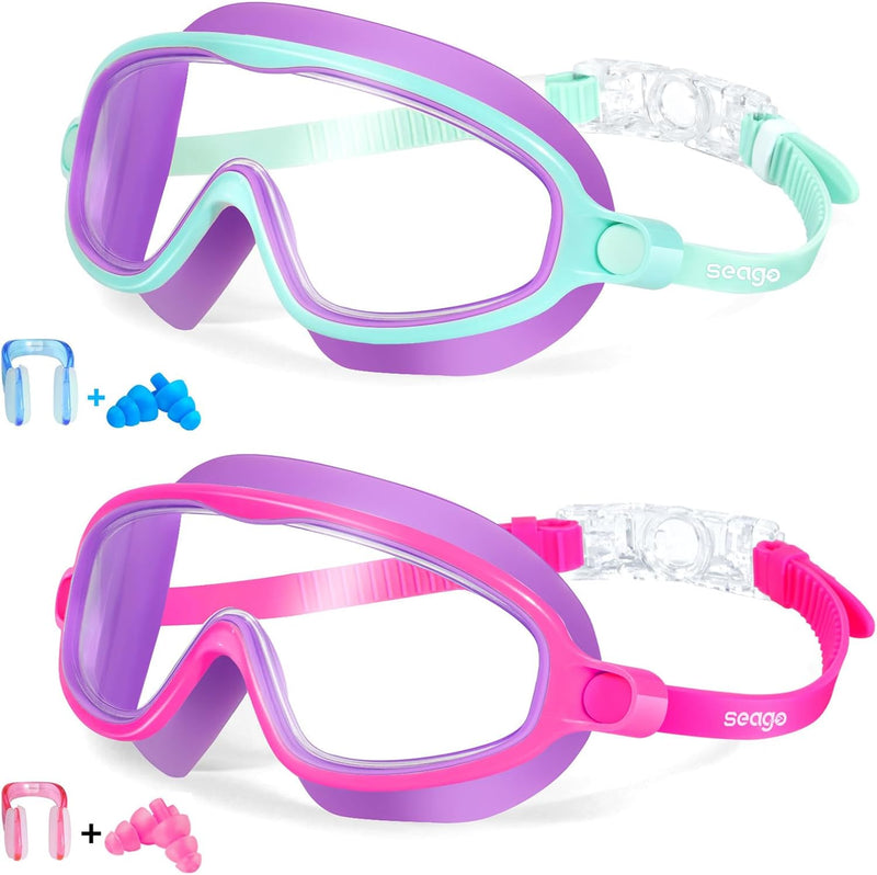 Seago Swim Goggles 2 Pack Anti-Fog Anti-UV Wide View Swimming Goggles for Kids 3-15