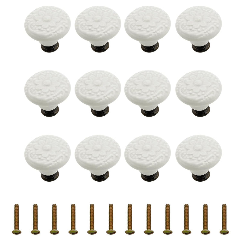 Unlorspy 12 Pcs Ceramic Knobs, 34mm/1.33 Inch Diameter Floral Ceramic Cabinet Knobs Decorative Knobs Round Dresser Knobs Drawer Pulls Handles Single Knobs with Screws for Furniture Cabinet (White)
