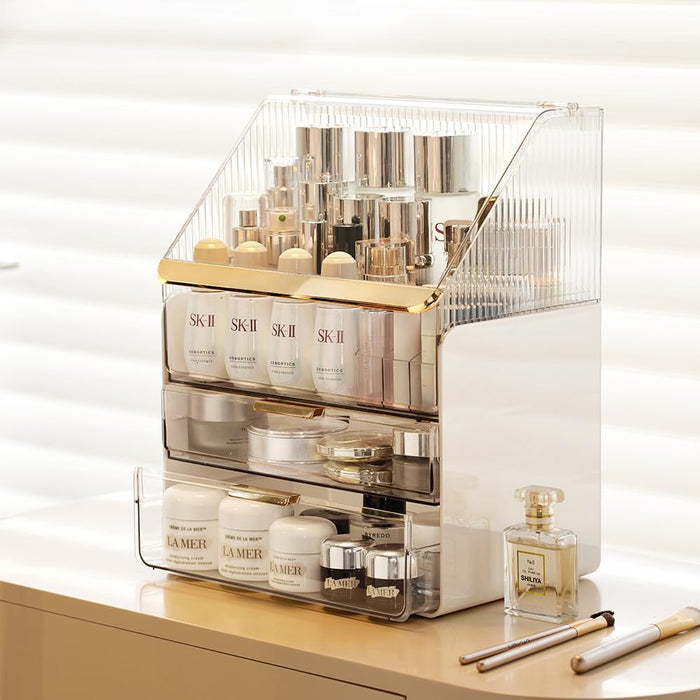 Kousee Makeup Storage Organizer, Large Skincare Organizers Cosmetic Display Case with Lid,Lipstick Organizer and Transparent Cover, Makeup Box for Bedroom Vanity Desk Countertop Bathroom -White