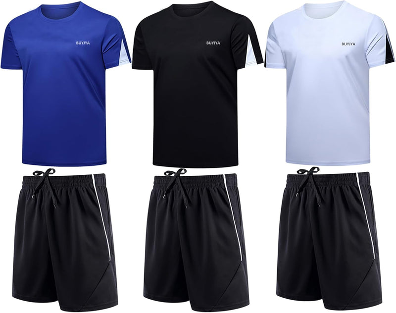 Men's Workout Clothes Athletic Shorts Shirt Set 3 Pack for Basketball Football Exercise Training Running Gym - Black-white-blue