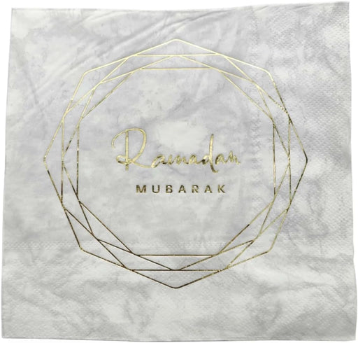 thePartyPopper 20 Pcs White & Gold Design Ramadan Mubarak Napkins 33 Cm X 33 Cm Table Dinner Decor Eid Ramadan Decoration For Home Islamic Party Supplies For Guests Eid Al-Fitr Gifts