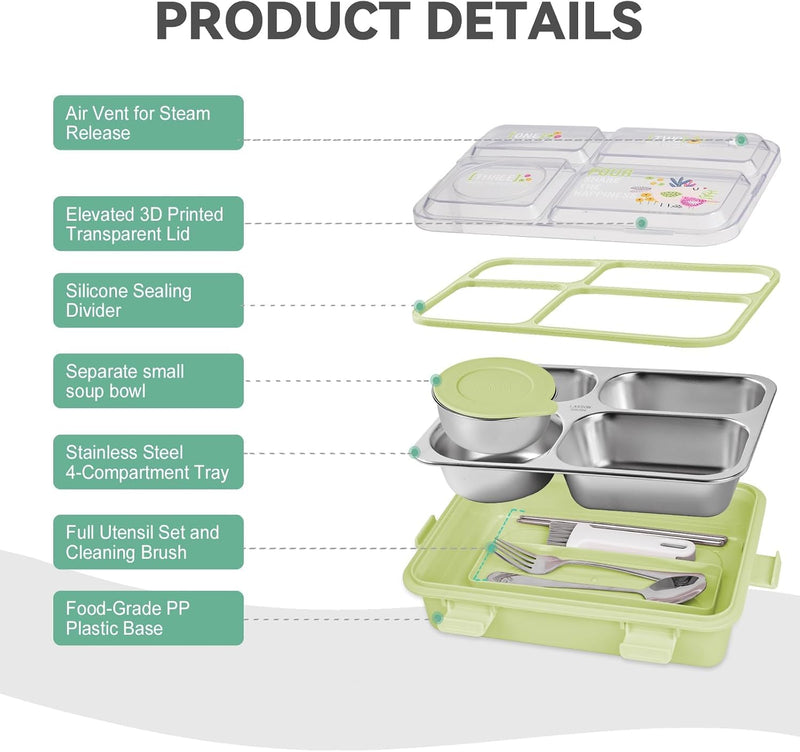 Stainless Steel Adult Lunch Box, 28.7 Oz 4-Compartment Metal Bento Box Kids Snack Containers With 5 Oz Soup/Condiment Cup, Food Storage Containers With Utensils, Ideal For School, Office & Travel