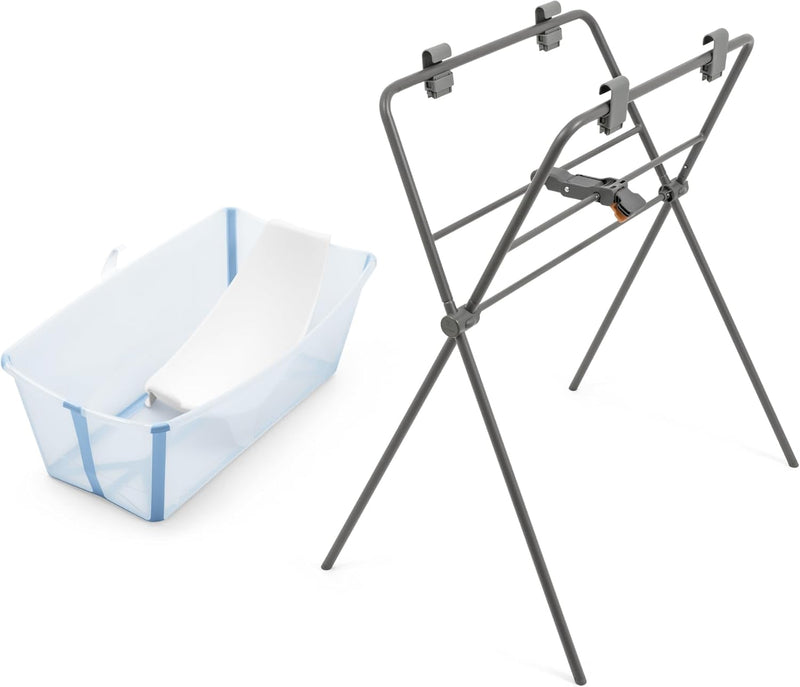 Stokke Flexi Bath + Newborn Support + Flexi Bath Stand - Baby Bath Tub with Stand for Newborns & Babies Up to 48 Months - Foldable, Durable & Easy to Store - White - Ocean Blue