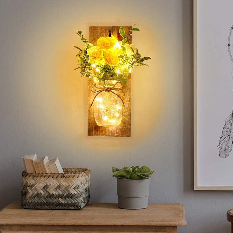 Mumoo Bear Rustic Wall Sconces Mason Jar Handmade Art Hanging Design with Remote Control LED Fairy Lights and White Peony,Farmhouse Kitchen Decorations Living Room Set of Two