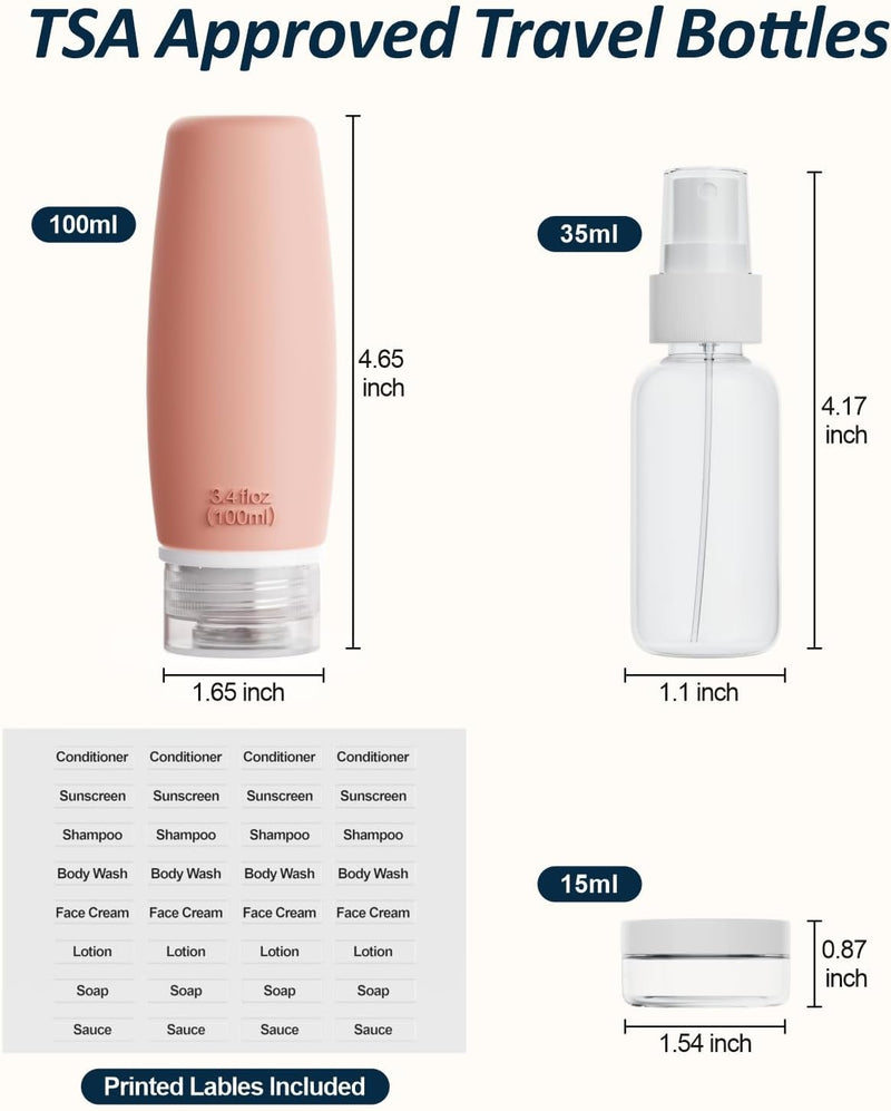 PACKISM TSA Approved Toiletry Bottles - 9 Pack Leakproof 3.4oz Silicone Travel Bottles for Toiletries, Travel Accessories with Clear Makeup Bags for Shampoo Conditioner Lotion Body Wash BPA Free