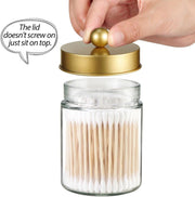 Apothecary Jar Canisters Bathroom Vanity Organizer - Qtip Holder Storage Organizer Countertop Canister-Stainless Steel Lids &Cute Stickers for Qtips,Cotton Swabs,Makeup Sponges,Floss(3 Pack ) (Gold) - Gold Clear