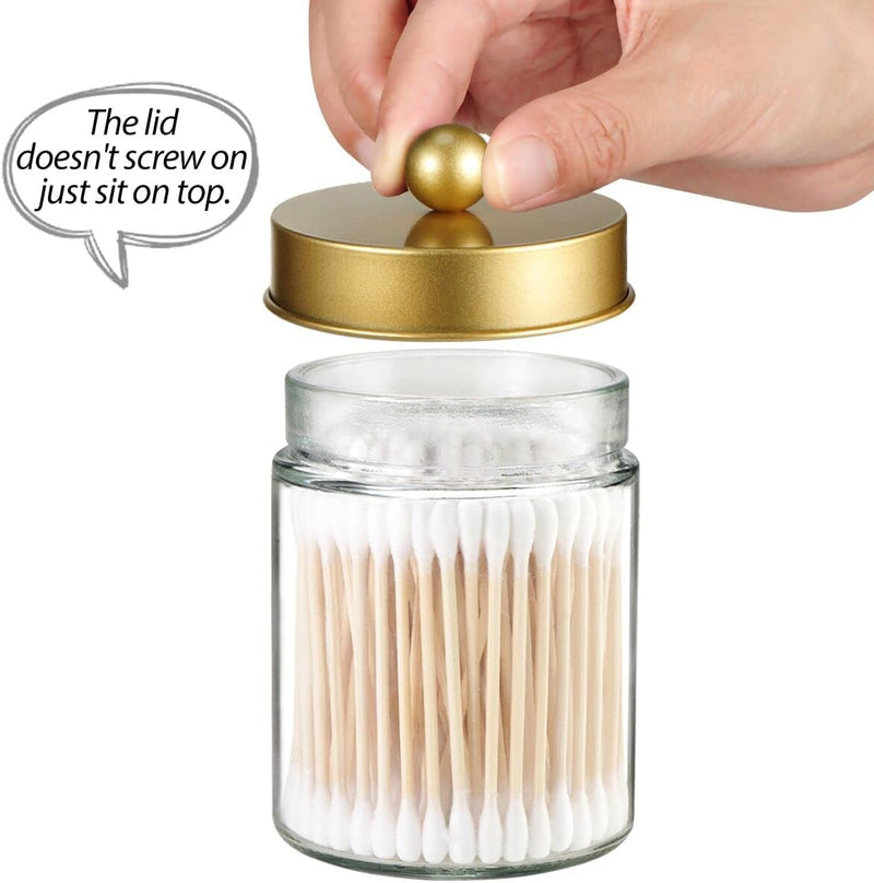 Apothecary Jar Canisters Bathroom Vanity Organizer - Qtip Holder Storage Organizer Countertop Canister-Stainless Steel Lids &Cute Stickers for Qtips,Cotton Swabs,Makeup Sponges,Floss(3 Pack ) (Gold) - Gold Clear