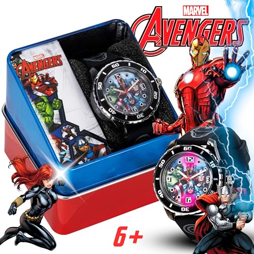 Marvel Avengers Adventure Analog Quartz Kids' Watch with Flashing LED Lights - Superhero Icons Band, Japanese Movement, Black