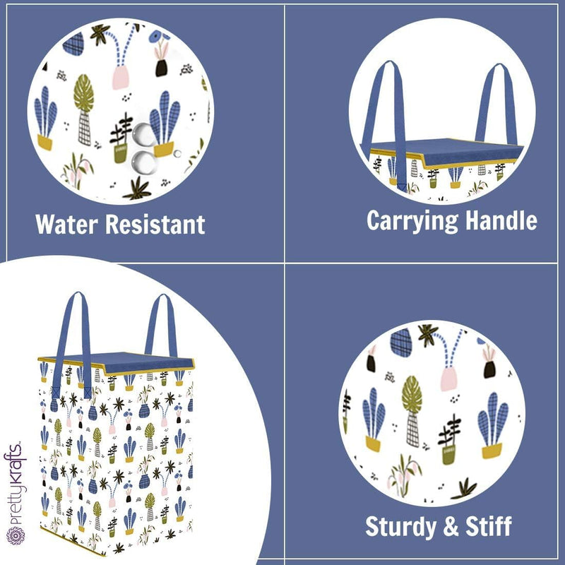 PrettyKrafts Fabric L1113 Laundry Basket For Clothes, Toy Storage Box With Lid & Handles, Toy Storage Box, 75 Ltr,Mushroom Print,White, Set of 1