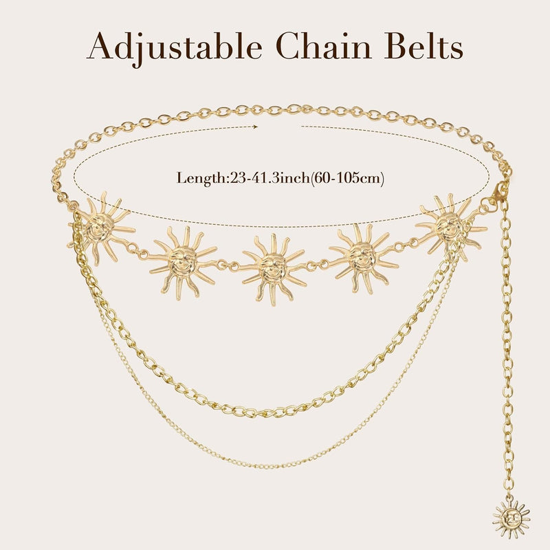 Azonee Womens Multilayer Gold Sun Chain Belt Western Cowgirl Waist Belt for Dresses & Jeans Adjustable Metal Body Chain for Country Concerts, Daily Wear Fashion Belly Jewelry Accessory